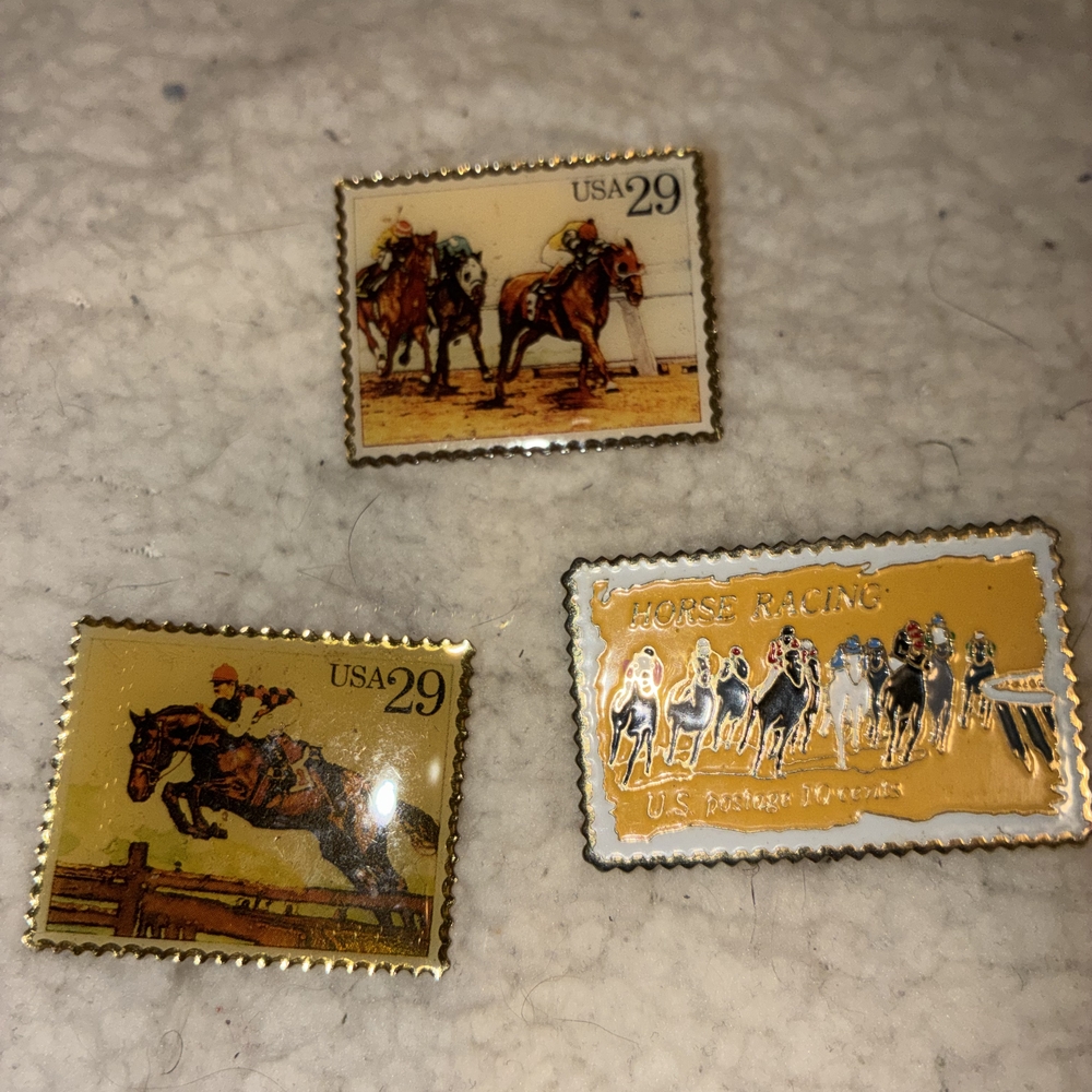 Vintage Horse Racing Stamp Pins